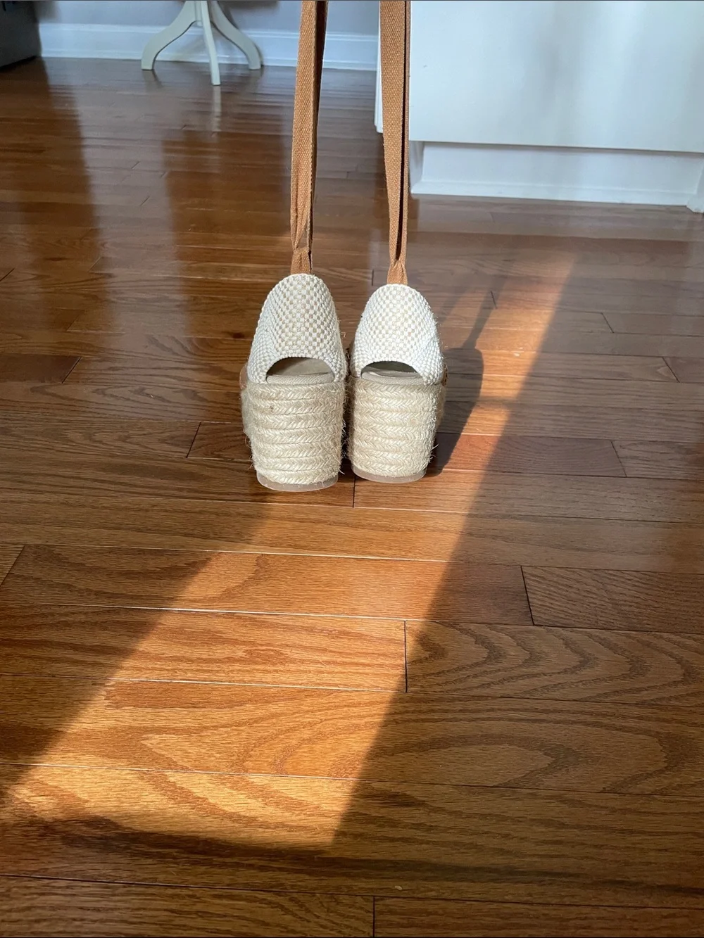 Boden Tan and Cream Woven Espadrille Wedge Ankle-Tie Sandals size 38/ 7.5 .